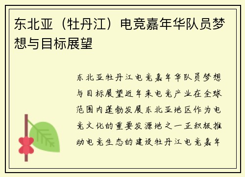 东北亚（牡丹江）电竞嘉年华队员梦想与目标展望