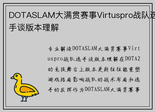 DOTASLAM大满贯赛事Virtuspro战队选手谈版本理解